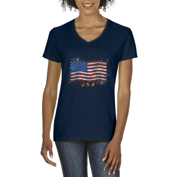 Artix - Women's T-Shirt V-Neck Short Sleeve - American Flag USA in Gold