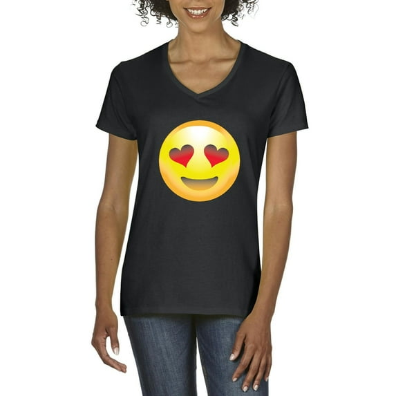 NIB - Women's T-Shirt V-Neck Short Sleeve - Emoji Heart-Shaped Eyes