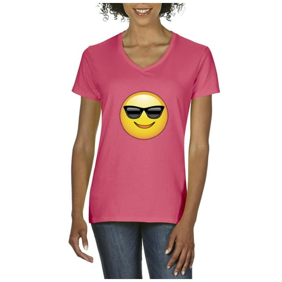 Normal is Boring - Women's T-Shirt V-Neck Short Sleeve, up to Women Size 3XL - Emoji with Sunglasses