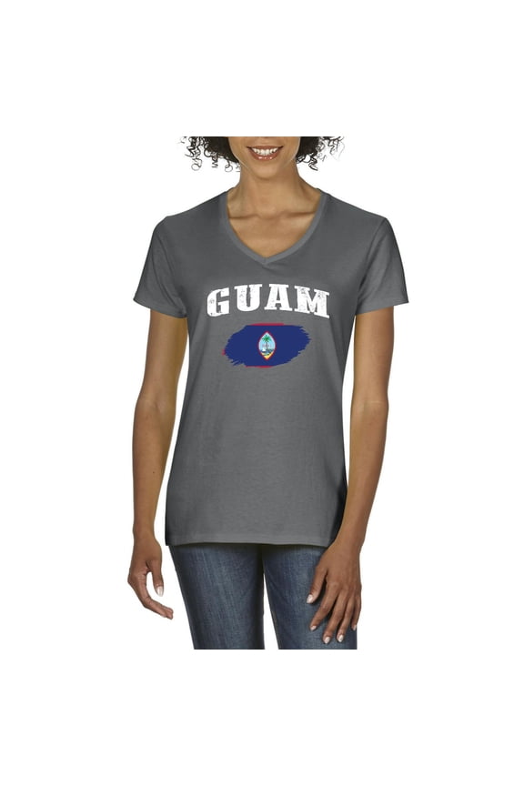- Women's T-Shirt V-Neck Short Sleeve, up to Women Size 3XL - Guam Flag