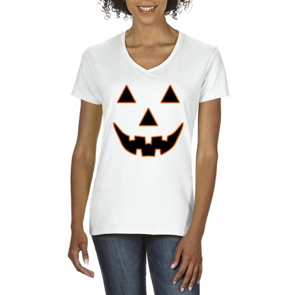 Normal is Boring - Women's T-Shirt V-Neck Short Sleeve, up to Women Size 3XL - Halloween Costume Pumpkin Face