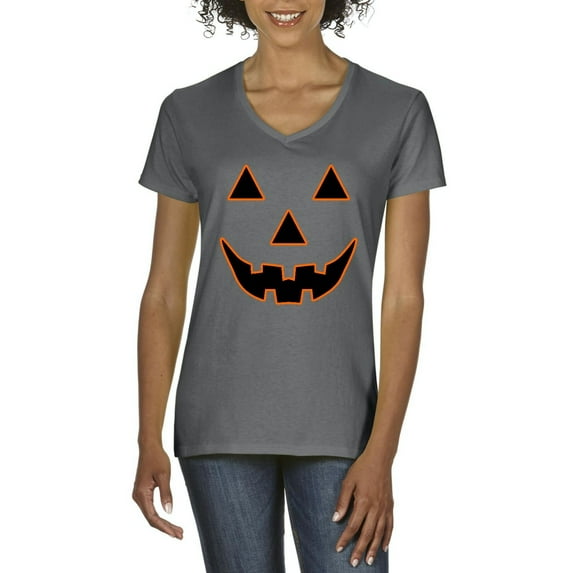 Normal is Boring - Women's T-Shirt V-Neck Short Sleeve, up to Women Size 3XL - Halloween Costume Pumpkin Face