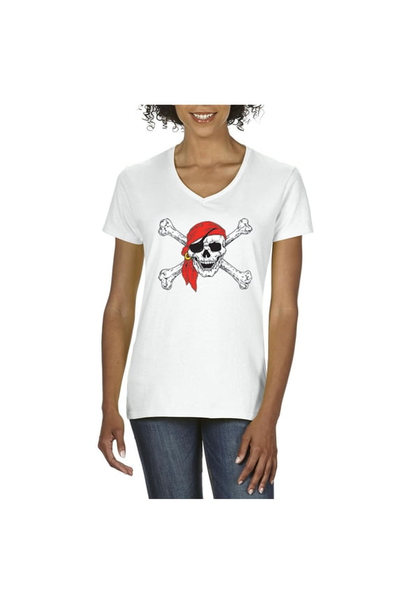 - Women's T-Shirt V-Neck Short Sleeve, up to Women Size 3XL - Jolly Roger Skull & Crossbones