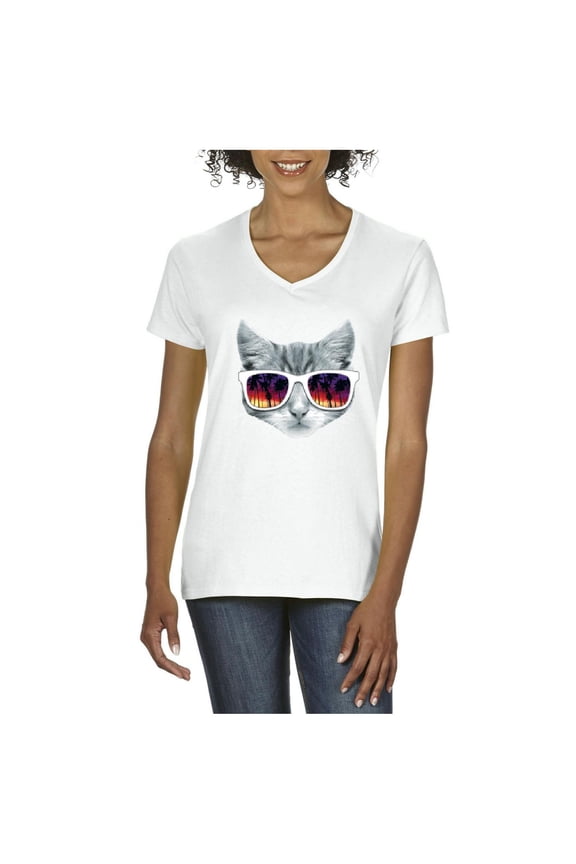 - Women's T-Shirt V-Neck Short Sleeve, up to Women Size 3XL - Kitty