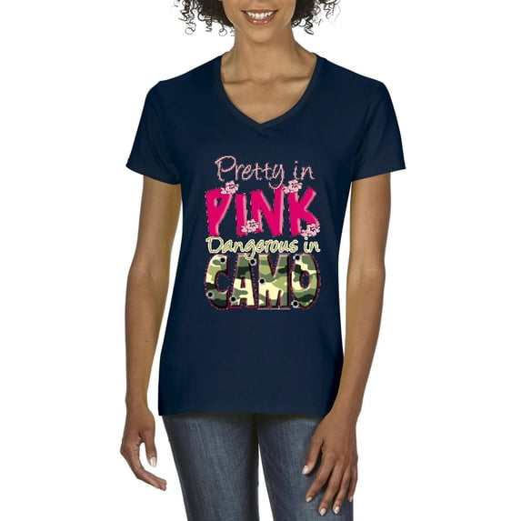 Normal is Boring - Women's T-Shirt V-Neck Short Sleeve, up to Women Size 3XL - Pretty in Pink Dangerous in Camo