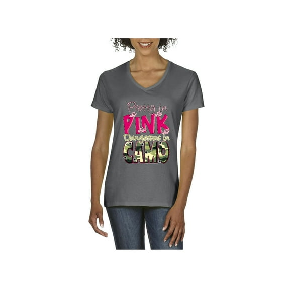 Normal is Boring - Women's T-Shirt V-Neck Short Sleeve, up to Women Size 3XL - Pretty in Pink Dangerous in Camo
