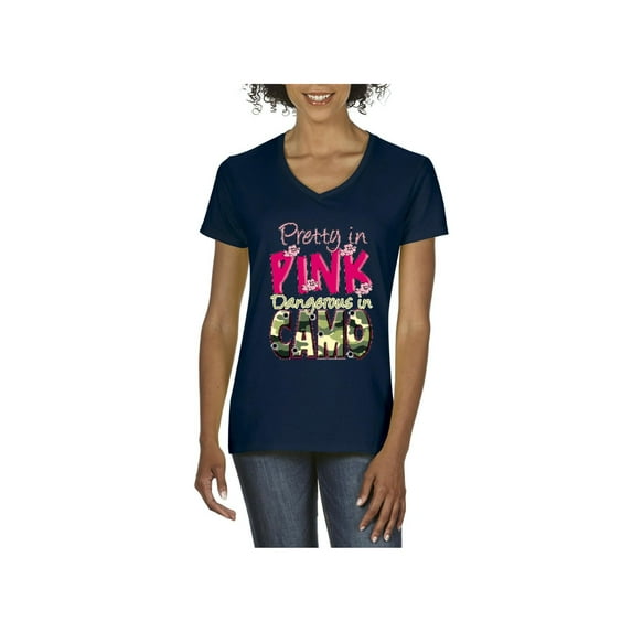 Normal is Boring - Women's T-Shirt V-Neck Short Sleeve, up to Women Size 3XL - Pretty in Pink Dangerous in Camo
