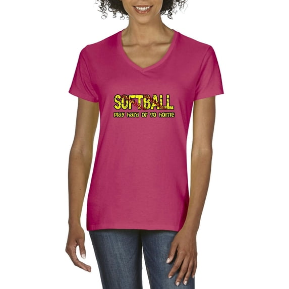 Normal is Boring - Women's T-Shirt V-Neck Short Sleeve, up to Women Size 3XL - Softball Play Hard or Go Home