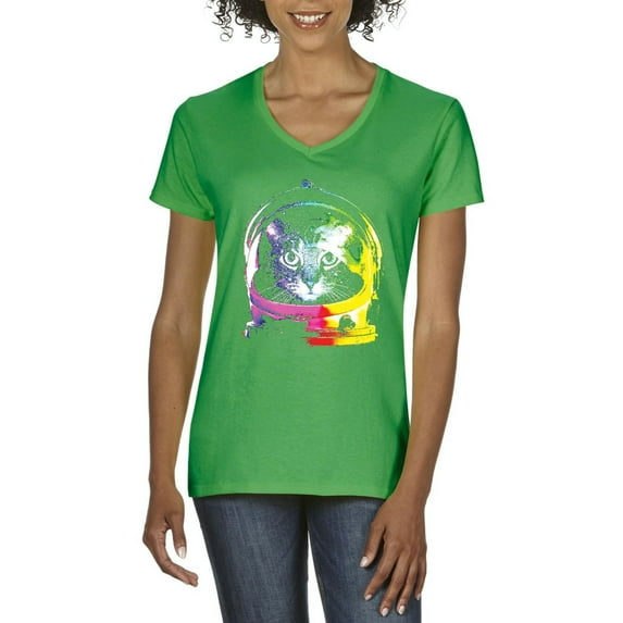 Normal is Boring - Women's T-Shirt V-Neck Short Sleeve, up to Women Size 3XL - Space Cat