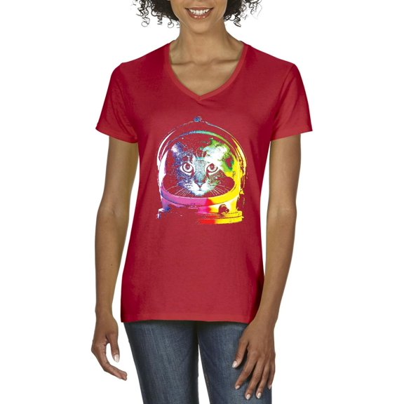 Normal is Boring - Women's T-Shirt V-Neck Short Sleeve, up to Women Size 3XL - Space Cat