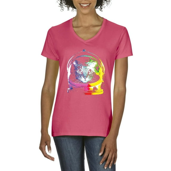 Normal is Boring - Women's T-Shirt V-Neck Short Sleeve, up to Women Size 3XL - Space Cat
