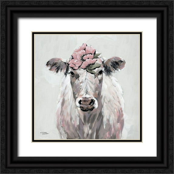 Norman, Michele 12x12 Black Ornate Wood Framed with Double Matting Museum Art Print Titled - Pretty in Pink Cow