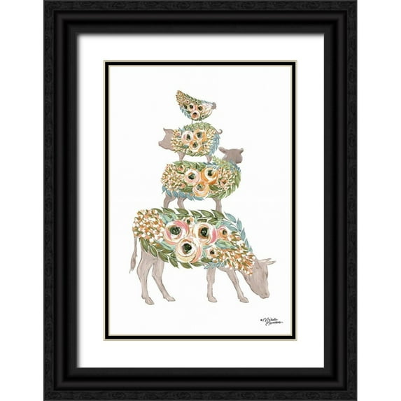 Norman, Michele 17x24 Black Ornate Wood Framed with Double Matting Museum Art Print Titled - Floral Stacked Animals