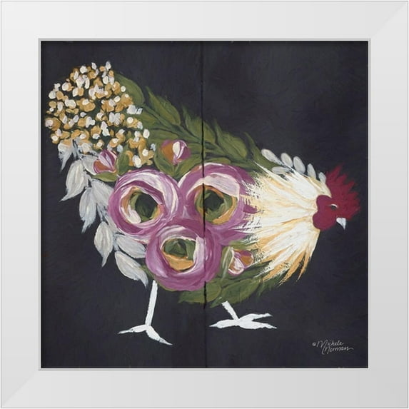 Norman, Michele 20x20 White Modern Wood Framed Museum Art Print Titled - Floral Hen on Black
