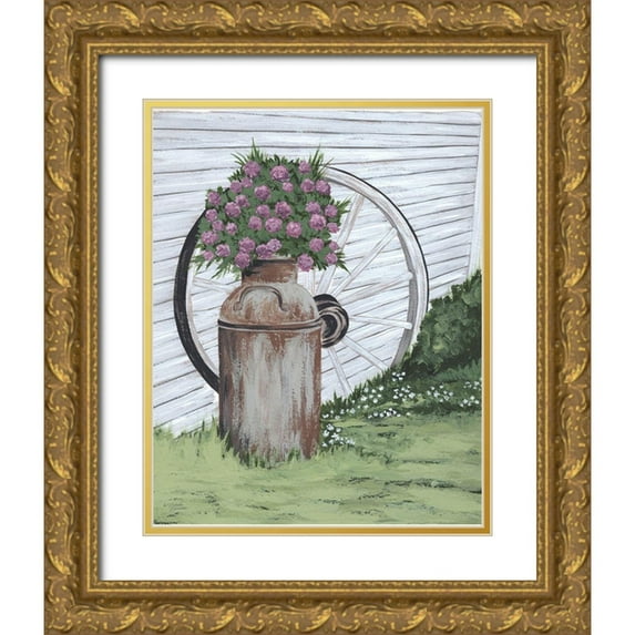 Norman, Michele 20x24 Gold Ornate Wood Framed with Double Matting Museum Art Print Titled - Rusted Milk Can with Wagon Wheel