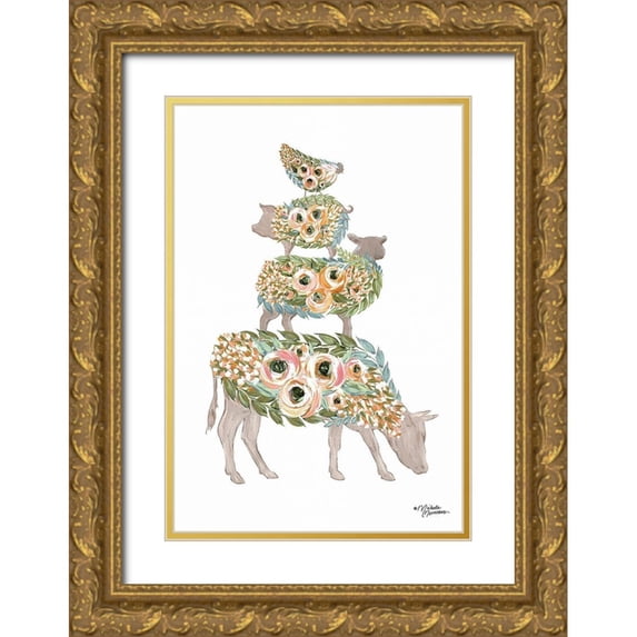 Norman, Michele 23x32 Gold Ornate Wood Framed with Double Matting Museum Art Print Titled - Floral Stacked Animals