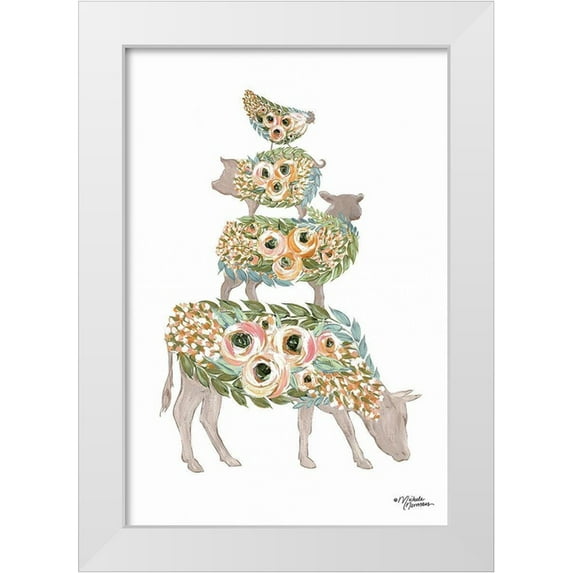 Norman, Michele 23x32 White Modern Wood Framed Museum Art Print Titled - Floral Stacked Animals