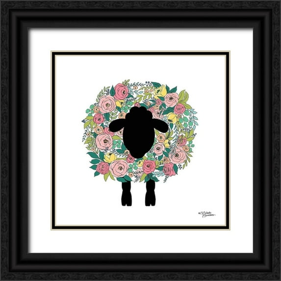 Norman, Michele 26x26 Black Ornate Wood Framed with Double Matting Museum Art Print Titled - Floral Sheep
