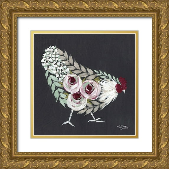 Norman, Michele 26x26 Gold Ornate Wood Framed with Double Matting Museum Art Print Titled - Floral Hen Mint and Pink