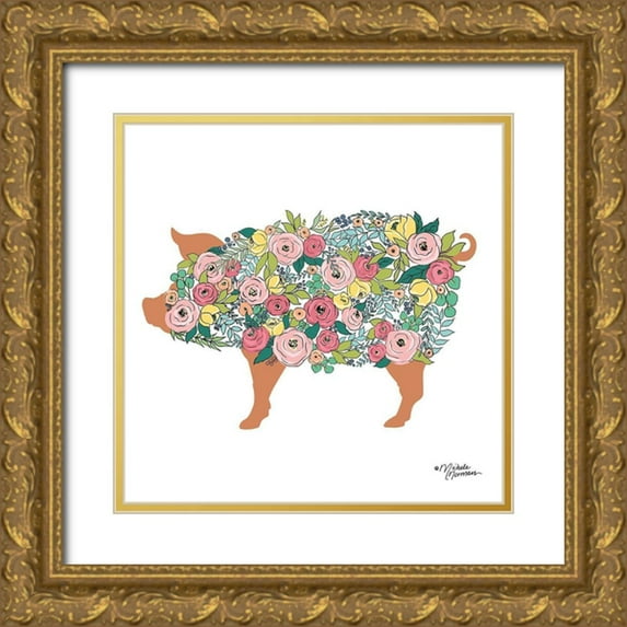 Norman, Michele 26x26 Gold Ornate Wood Framed with Double Matting Museum Art Print Titled - Floral Pig