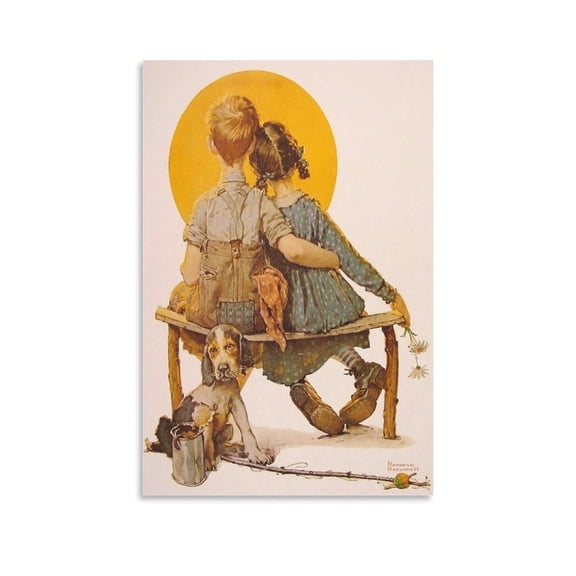 Norman Rockwells Boy And Girl Gazing at The Moon (1926) Painting On Canvas Wall-Art Scroll Picture Print Living Room Walls Decor Home Posters