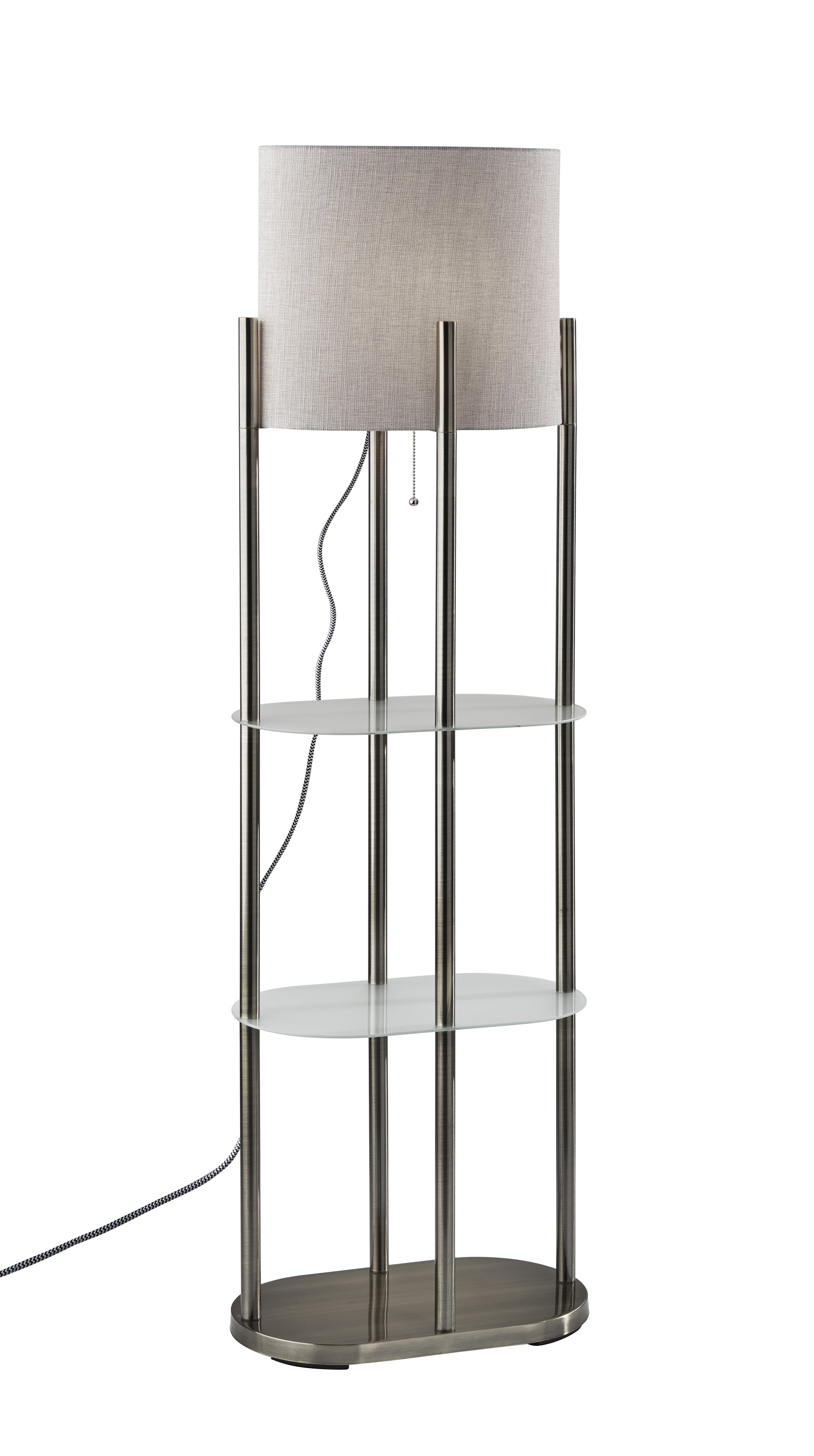 Brushed Steel Floor Lamp with Gray White Shade and Shelves