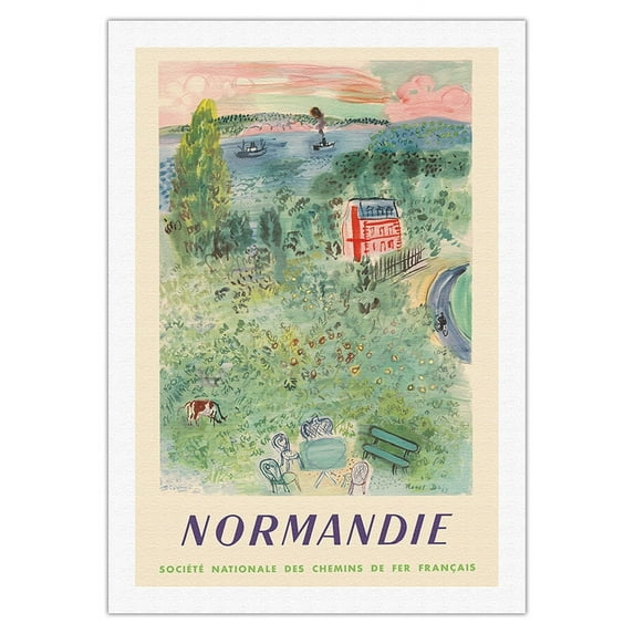 Normandie France - SNCF (French National Railway Company) Normandy - Vintage Railroad Travel Poster by Raoul Dufy c.1952 - Fine Art Rolled Canvas Print 27in x 40in