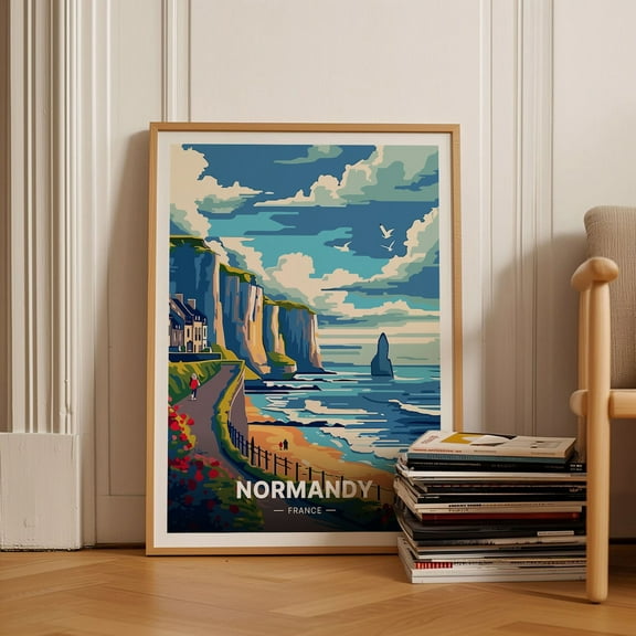 Normandy Coast Travel Vintage French Riviera Art, Unframed Paper Poster 8x10in