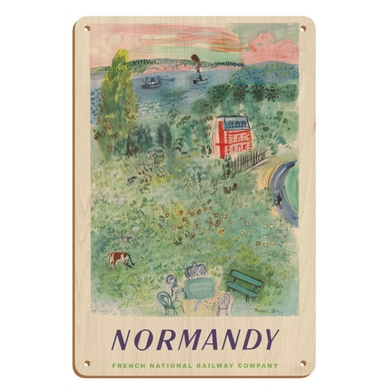 Normandy France - SNCF (French National Railway Company) - Vintage Railroad Travel Poster by Raoul Dufy c.1952 - 8 x 12 inch Vintage Wood Art Sign