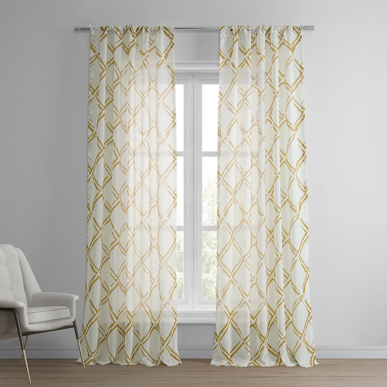 Normandy Gold Printed Faux Linen Sheer Curtain (1 Panel), Normandy Gold, 50W X 96L