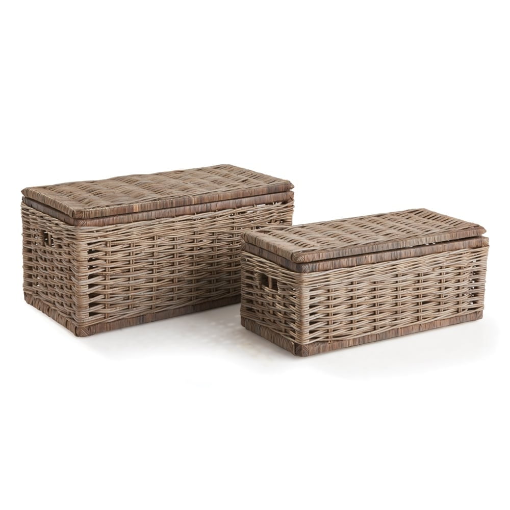 Dove Gray Rattan Wicker Storage Trunks, Set of 2
