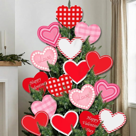 Norme 16 Pcs Large Valentine's Day Decorations Conversation Heart Tree Picks 8 Inch Red Pink White Plaid Heart for Valentines Tree Topper Ornaments for Home Wedding Office Decor C113