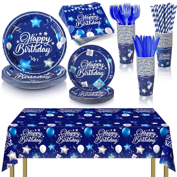 Norme 176 Pcs Navy Blue and Silver Birthday Tableware Set Birthday Decoration Includes Tablecloth Paper Plates Napkins Paper Cups Forks Knifes and Straws for 25 Guests Party Supplies (Classic) Y114
