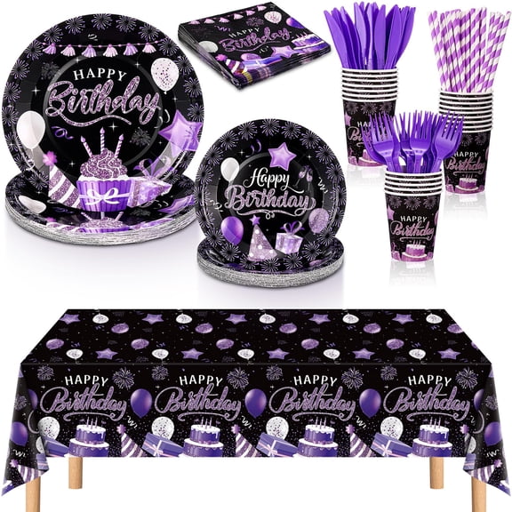Norme 176 Pcs Purple and Black Birthday Tableware Set Birthday Decoration Includes Tablecloth Paper Plates Napkins Paper Cups Forks Knifes and Straws for 25 Guests Party Supplies (Modern) Y101