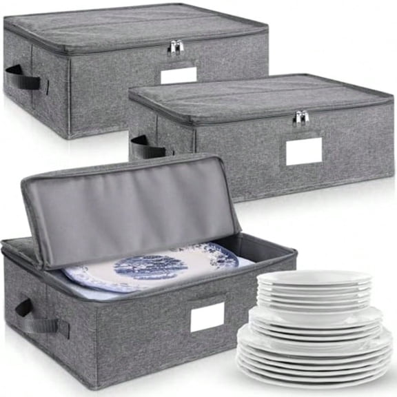Norme 3 Pcs Platter Storage Case China Storage Container Stackable China Boxes Hard Shell Case Moving plies 17x13x 6 In 15 Felt Dividers Included Structured Top Gray
