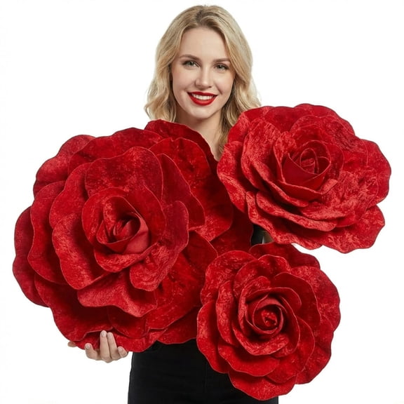 Norme 3 Pcs Valentine Giant Artificial Flowers Decoration 16, 20, 24 Inch Large Rose Petals Giant Flowers Large Red Rose for Wedding, Home Decor, Anniversary Birthday Valentine's Day C113