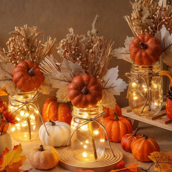 Norme 3 Set Thanksgiving Glass Mason Jar Centerpiece Table with Timer LED Lights Fall Autumn Dinner Table Decor Harvest Farmhouse Pumpkin Rustic Coffee, Dining Room, Kitchen, Home Party Favors Y102