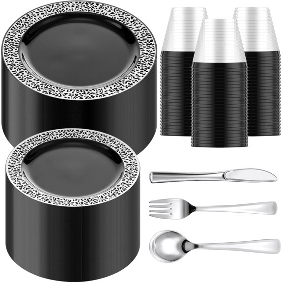 Norme 300 Pieces Disposable Plastic Dinnerware AFN1Set, 100 Plastic Plates, 150 Knives, Forks and Spoons with 50 Rimmed Cups for 50 Guests Wedding Party Supplies(Black Silver)