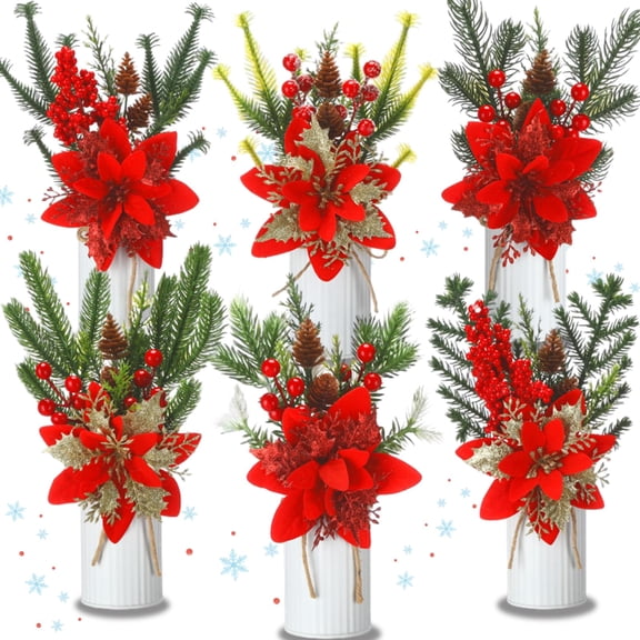 Norme 6 Sets Christmas Table Centerpieces Artificial Poinsettias with Metal Vase Flower Picks Holly Red Berries Stem Pine Needles in Pots Faux Floral Arrangements for Christmas Home Table Party Y101