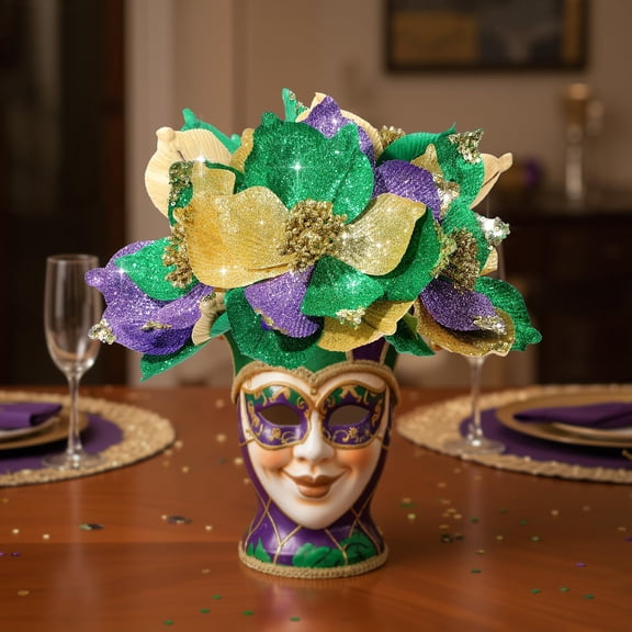 Norme 9 Pcs 8'' Mardi Gras Flowers Mardi Gras Poinsettia Purple Gold Green Velvet Flowers Artificial Poinsettia Stems Velvet Ornaments Fold Floral for Holiday Party Decorations (Mixed Colors) Y101
