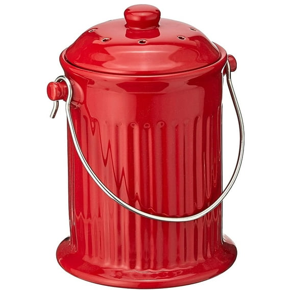 Norpro 1-Gallon Ceramic Jar Composter Crock, Kitchen Countertop Compost Bin - Red