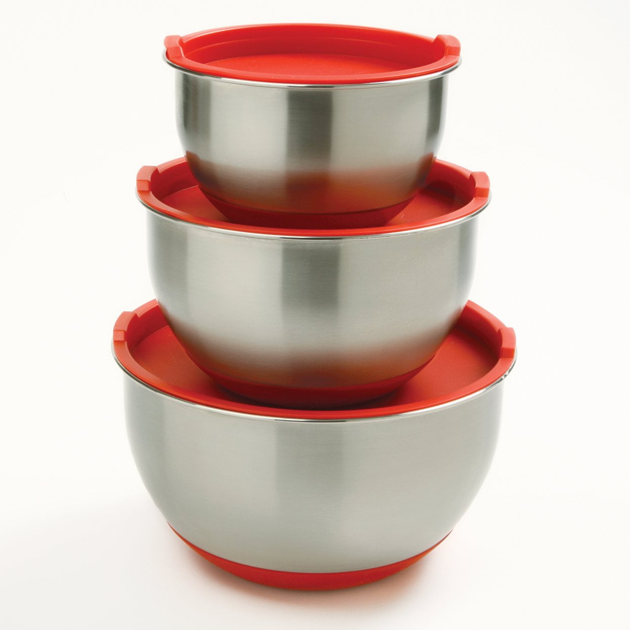 Norpro 3-Piece Stainless Steel Mixing Bowl Set with Red Lids