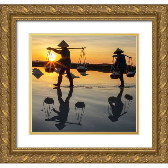 Norring, Tom 13x12 Gold Ornate Wood Framed with Double Matting Museum Art Print Titled - Vietnam-Doc Let Salt lake-Workers harvesting the salt-Early morning sunrise