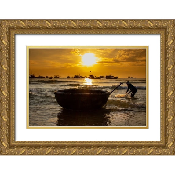 Norring, Tom 14x11 Gold Ornate Wood Framed with Double Matting Museum Art Print Titled - Vietnam-Fishermen deliver the nights catch to the beach at Hoi An