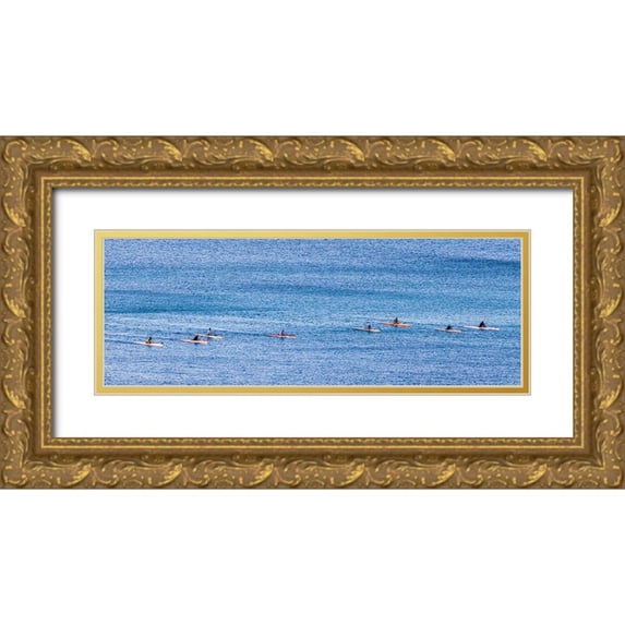 Norring, Tom 24x11 Gold Ornate Wood Framed with Double Matting Museum Art Print Titled - Canoe Club exercising-Waikiki-Oahu-Hawaii
