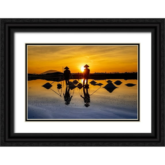 Norring, Tom 24x17 Black Ornate Wood Framed with Double Matting Museum Art Print Titled - Vietnam-Doc Let Salt lake-Workers harvesting the salt-Early morning sunrise
