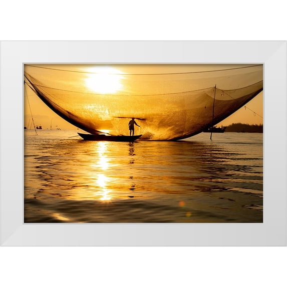 Norring, Tom 24x17 White Modern Wood Framed Museum Art Print Titled - Vietnam-Fisherman emptying the nights catch in the Lagoon