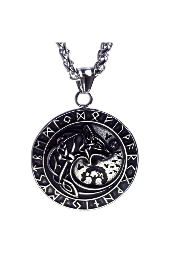 Norse Fenrir Necklace Unisex Silver 316L Stainless Steel Rune Wolf Skoll Hati Viking Pendant Fantasy Forge Jewelry