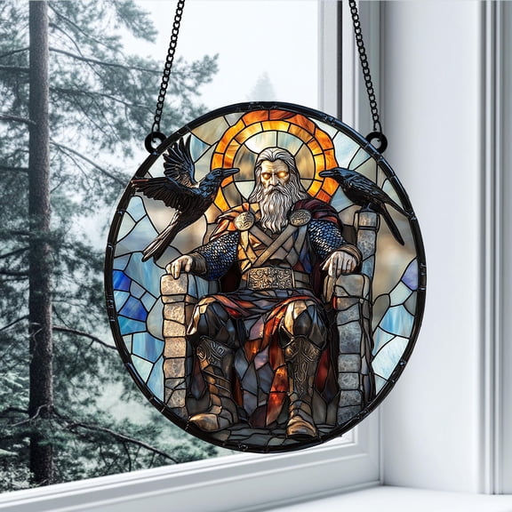 Norse God Acrylic Suncatcher fullxfull Viking Warrior King on Throne with Ravens, Round Hanging Window Decor for Mythology Lovers and Nordic Home