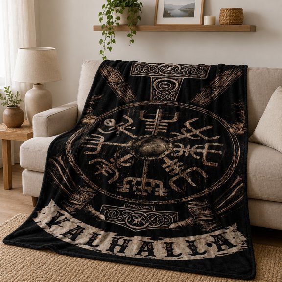 Norse Inspired Fleece Throw Blanket, 280 GSM Polyester, Black Rune Design